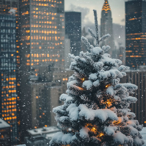 Frosty Christmas tree on snowy city rooftop
