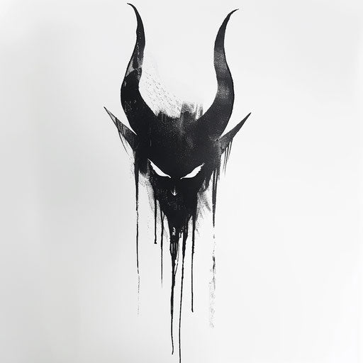 Minimalist devil silhouette, bold black ink on white canvas