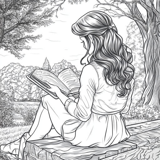 Young woman reading a book in a park, Teagan White style