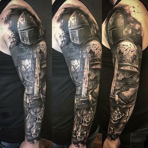 Medieval knight's sleeve tattoo in the style of Adrian Smith