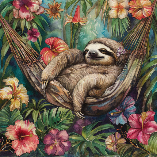 A sloth in a hammock surrounded by tropical flowers