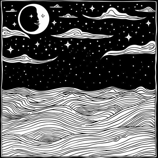 Starry night over a calm ocean. Coloring book page