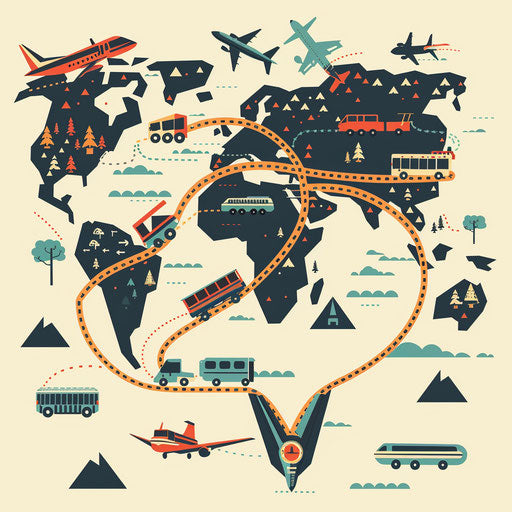 Transport-themed map logo with planes, trains, cars