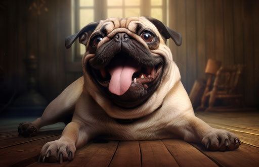 Pug sitting with tongue out on floor, exaggerated style 17:11