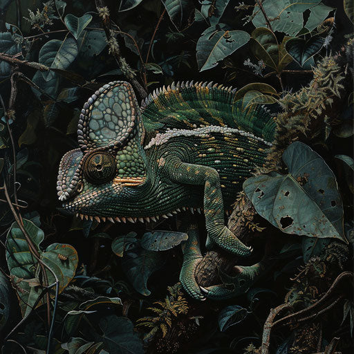 Chameleon in shadowy undergrowth of dense forest