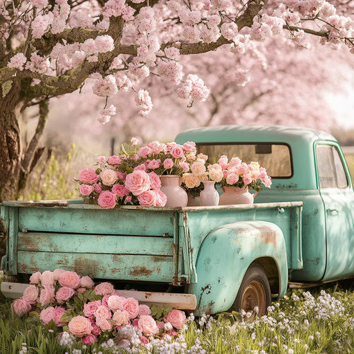 Vintage truck with pink roses in the trunk, spring flowers