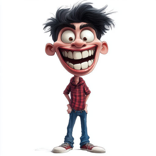 Humorous caricature of a tall caricature clipart with human characteristics, exaggerated thin lips, big feet, monochrome, vibrant colors, cartoon style, smiling, high-resolution, no background, isolated