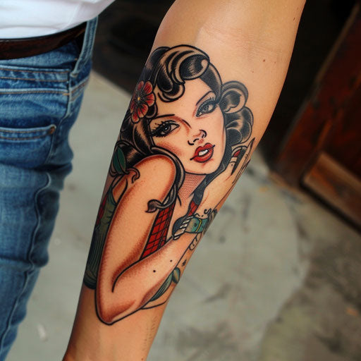 Classic pin-up girl arm tattoo in the style of Ed Hardy