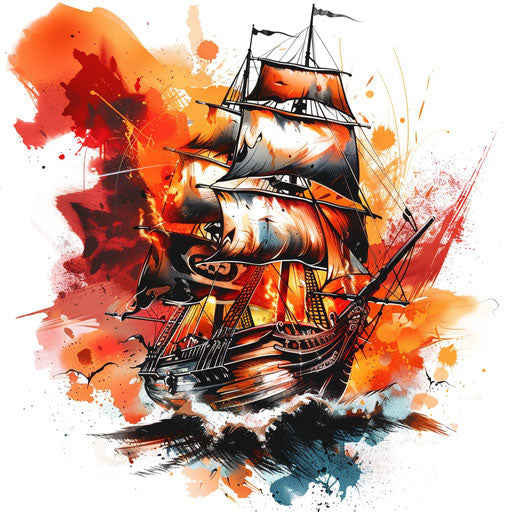 Dynamic tattoo sketch of a pirate ship in battle