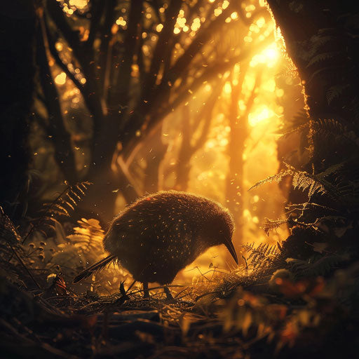 A kiwi bird in the golden light of a forest evening