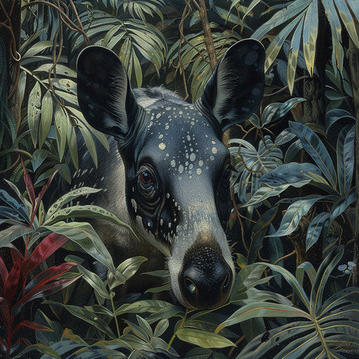 Baird's tapir peering from behind a thick bush in a dense forest