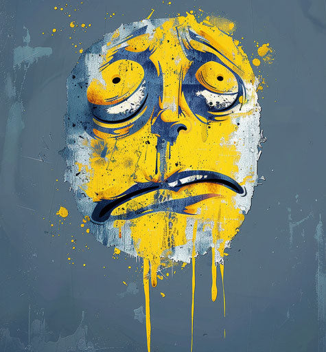 Emotive face on blue background, light gray and yellow bold style, collage-based HD