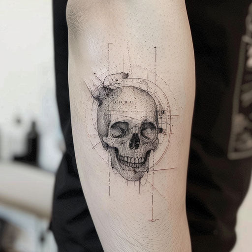 Fine line skull tattoo Gerald Brom style
