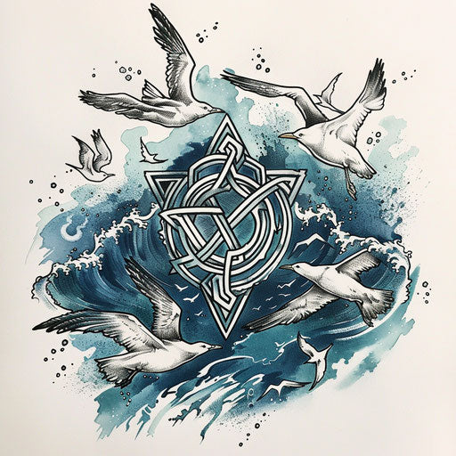 Rune with ocean waves and seagulls in calming blues