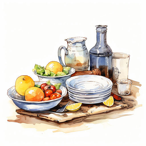 Dishes clipart in the style of Oil painting, on white background