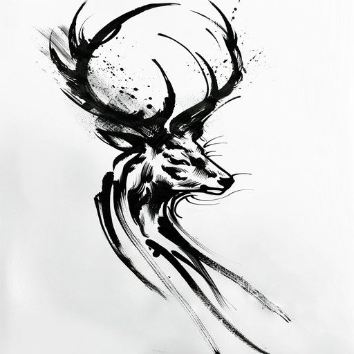 Expressive deer tattoo with dynamic lines on white background