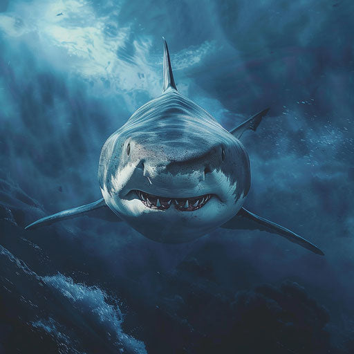 Tiger shark portrait in open ocean backdrop