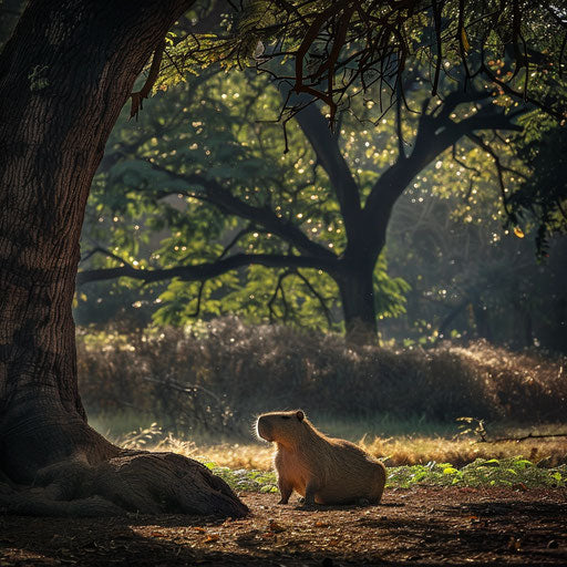 A capybara lounging under a big tree in the style of Roeselien Raimond