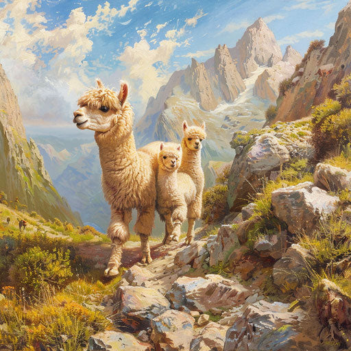 Alpaca guiding its young on a challenging mountain path