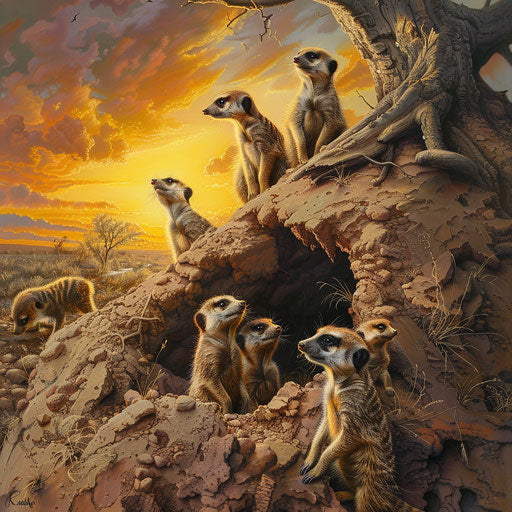Meerkats emerging from burrow, new day's start, detailed and vibrant