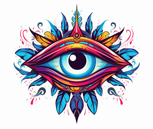 All-seeing eye with feathers, bold outlines, flat colors
