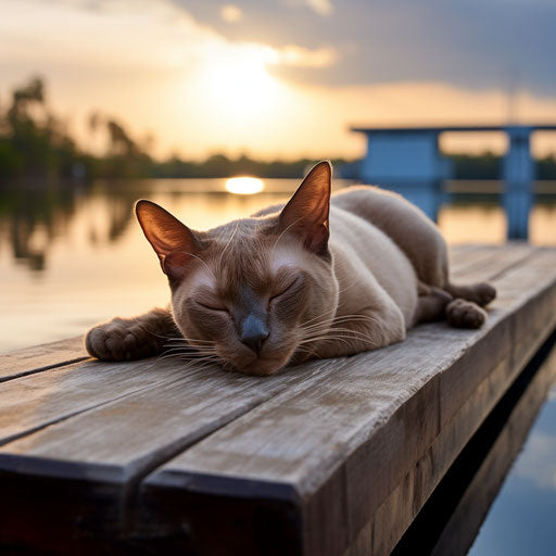Burmese cat lying on a dock