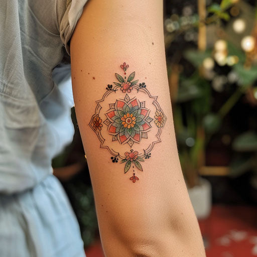 Small floral mandala tattoo in the style of Maria Sibylla Merian