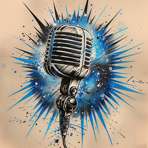 Bold tattoo sketch of a microphone with sound waves radiating, deep blue and black, clipart style
