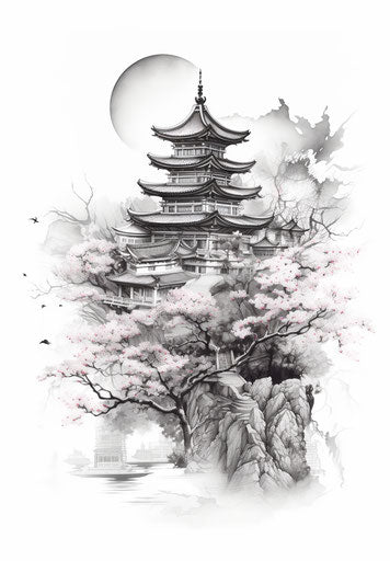 Asian temple in black and white, tattoo-inspired multi-layered collage