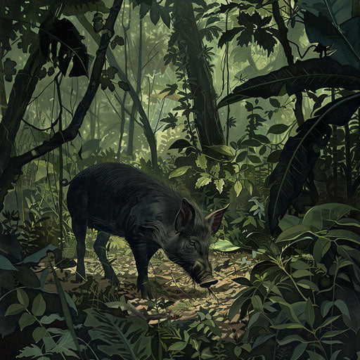 Wild boar foraging in a dense forest under a canopy of leaves