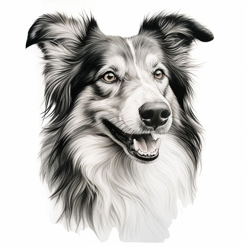 Collie dog drawing on white background, white and silver style
