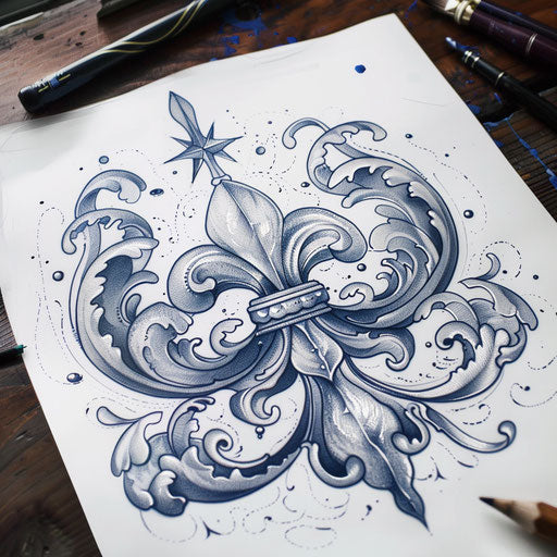 Nautical tattoo sketch of a fleur de lis with ocean wave motifs and maritime blues