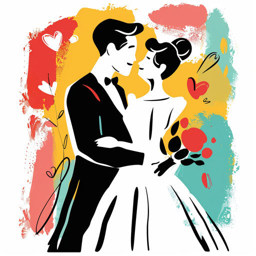 Wedding couple in bold line style, simple characters, yellow and dark red