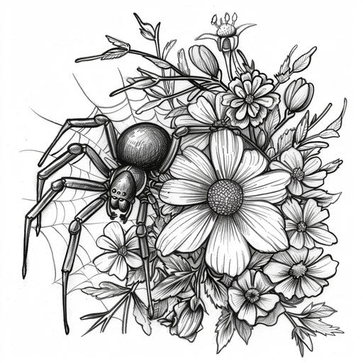 A black widow spider playfully interacting with flowers in the style of Teagan White Coloring book page