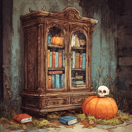 Ornate wooden cabinet with colorful books and pumpkins