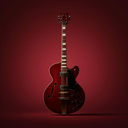 Realistic guitar on burgundy background, luminous effect and deep saturation