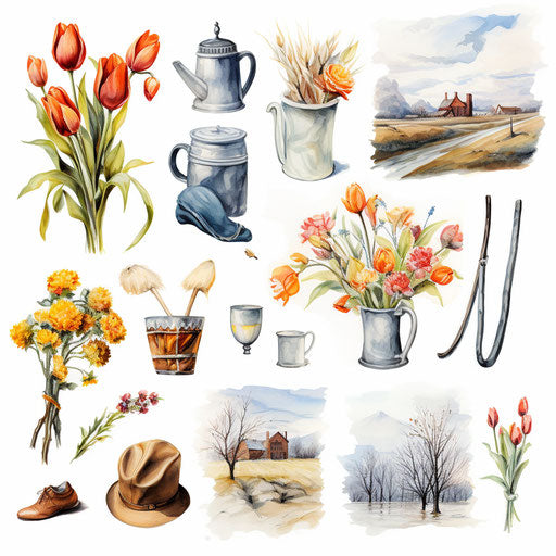 March clipart images in the style of Oil painting, on a white background