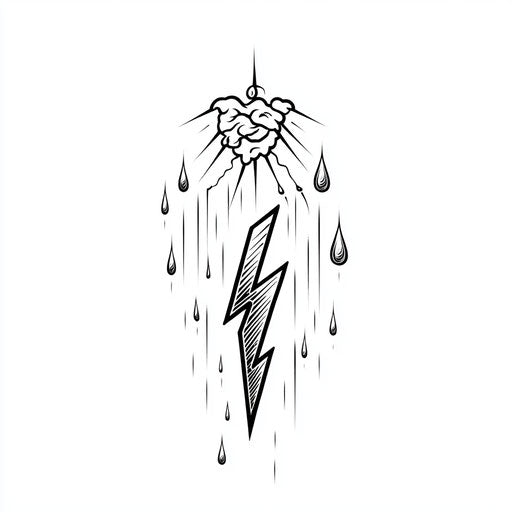 Flat minimalist tattoo of lightning bolt and raindrops