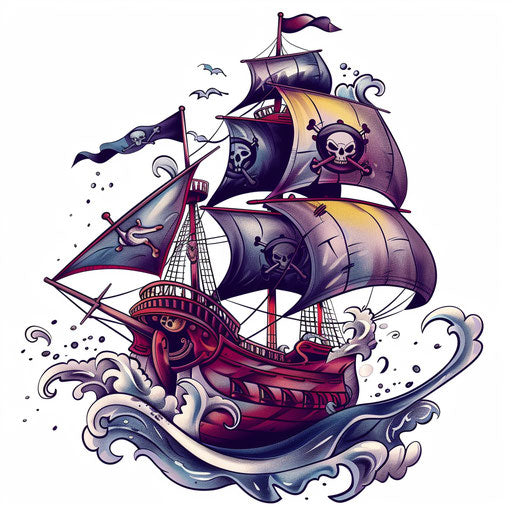 Anime-inspired pirate ship cruising the high seas, adventurous tattoo concept on white background