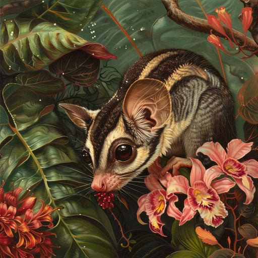 A sugar glider sipping nectar from a blooming flower in a lush tropical garden.