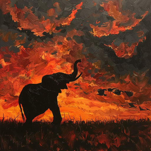 Elephant silhouette against fiery sunset