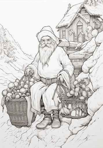 Santa Claus with a basket of gifts coloring page