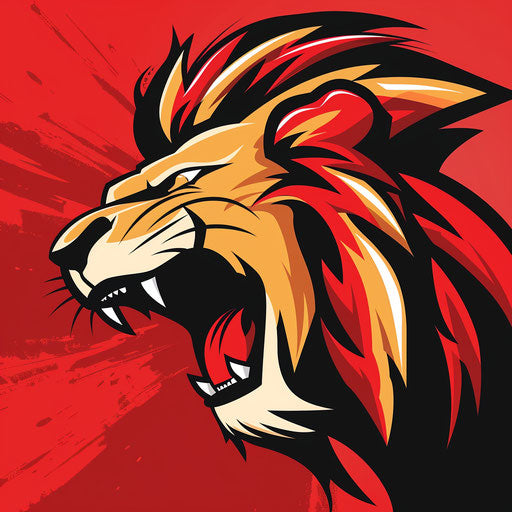 Dynamic team logo with a roaring lion on bright red background