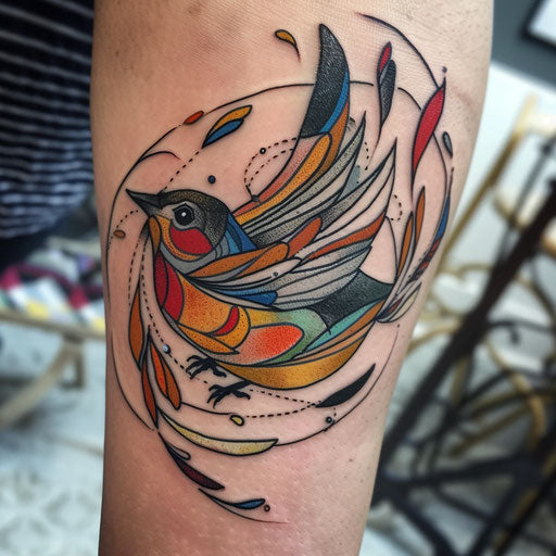 Dynamic flat tattoo sketch of a robin with abstract, colorful tail feathers