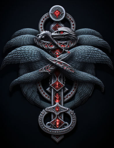 Snake symbol with feathers and cross, medicalcore style