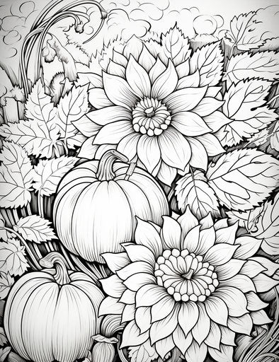Adult coloring pages pumpkins and flowers leaves coloring page Thanksgiving coloring book