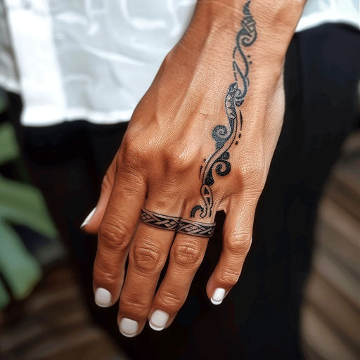 Tribal band on ring finger instead of a ring.