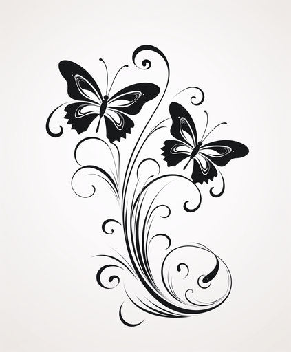 Black and white butterfly tattoo for two, stencil style, vines