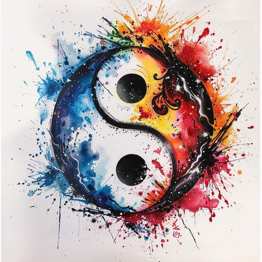 Graffiti style yin and yang tattoo with bright spray paint colors and urban flair, on a white background.