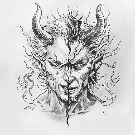 Flat tattoo sketch of Lucifer's face, half angelic and half demonic, split design